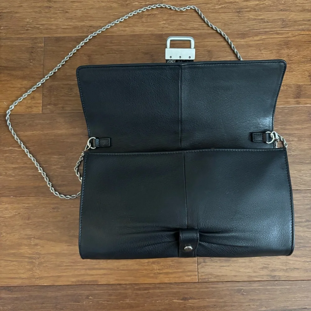 Tahari Black Leather Ruched Clutch Silver Chain Shoulder Bag